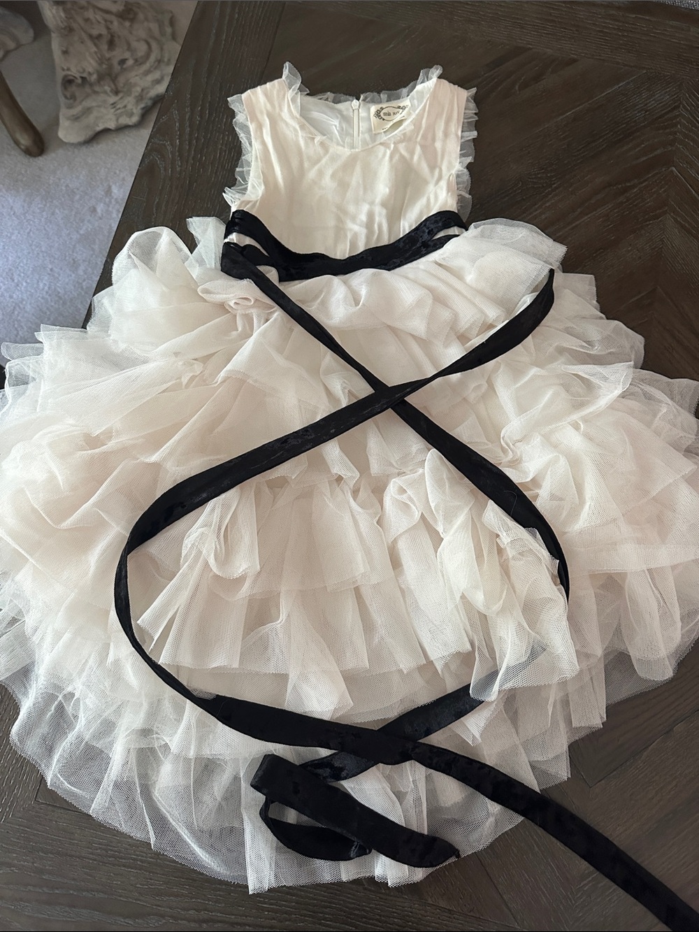 Ivory Tulle Party Dress with Black Satin Sash - Kids